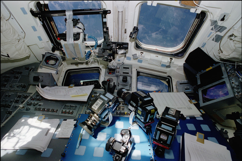 Cameras on the aft flight deck of Endeavour during STS-59, one of the images Jay Apt can show as an astronaut speaker.